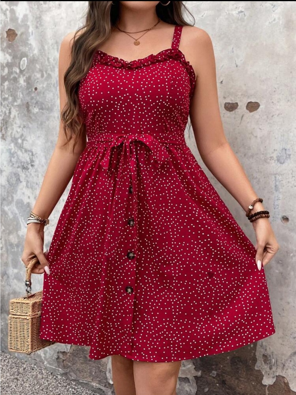 Classic Plus Size Polka Dot Tie Waist Dress Red
